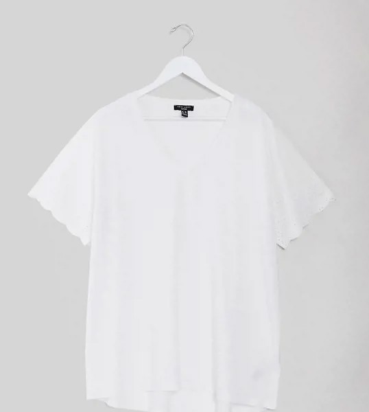 Белая футболка с вышивкой ришелье на рукавах New Look Curve-Белый