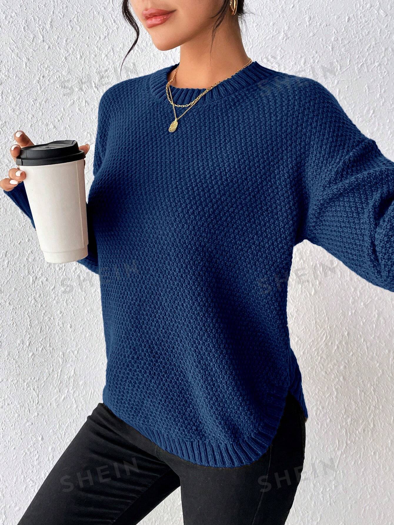 SHEIN Essnce однотонный свитер свободного кроя с разрезом по бокам и заниженной линией плеч, королевский синий