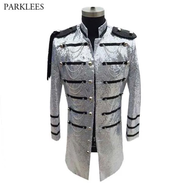 Блестящий серебряный или свадьбы, украшенное блестками длинный Блейзер Куртка Для мужчин этап вечерние Для мужчин s пиджак в стиле милитари...