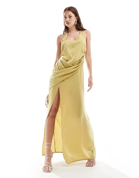 ASOS DESIGN – Оливковое атласное платье макси с бретельками и бретельками