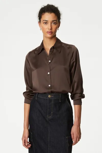 Атласная рубашка с заостренным воротником Marks & Spencer, коричневый