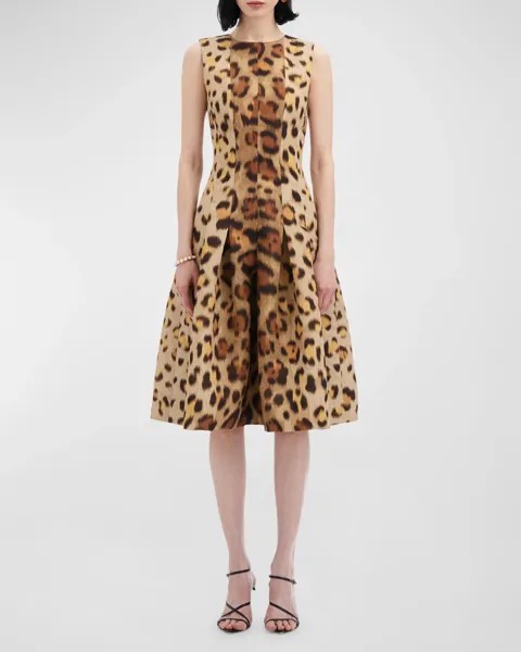 Плиссированное платье Jaguar Faille без рукавов с декорированным вырезом Oscar de la Renta, цвет Beige Multi