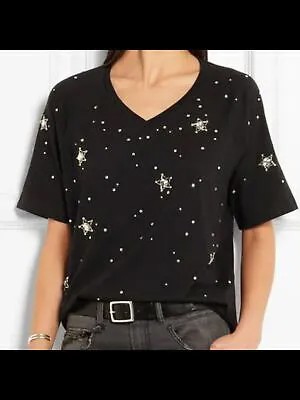 MARKUS LUPFER Женская черная футболка с короткими рукавами и V-образным вырезом, расшитая бисером и стразами, M