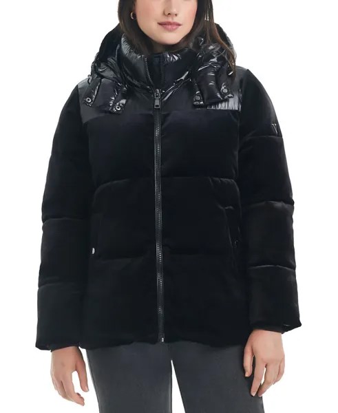 Женское бархатное пуховик с капюшоном Vince Camuto, черный