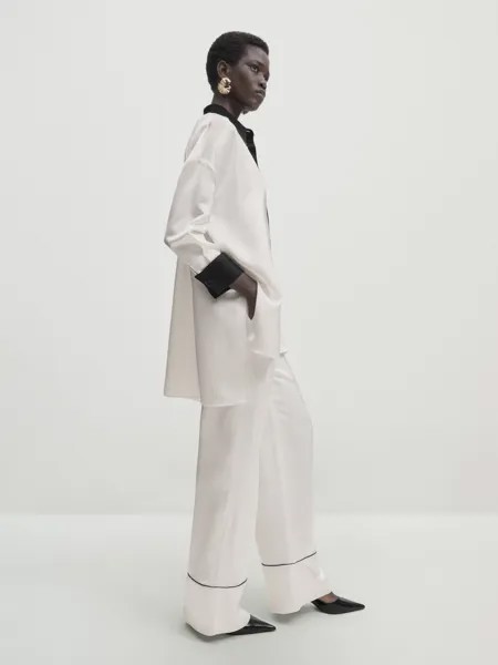 Контрастные атласные брюки Massimo Dutti, кремовый