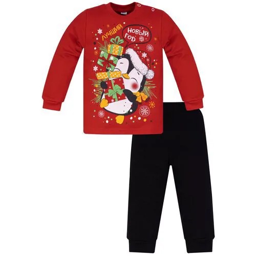 Комплект детский Утенок размер 56(98)новогодний принт красный_черный_пингвин(свитшот+штаны)