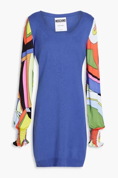 Мини-платье из шелка и кашемира с принтованными вставками из джерси Moschino, синий