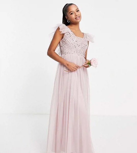 Струящееся платье макси серо-бежевого цвета для подружки невесты Frock and Frill Petite-Розовый цвет