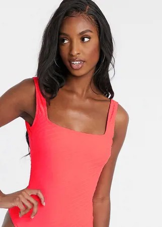 ASOS DESIGN tall deep rib square neck swimsuit in faded fluorescent red-Красный