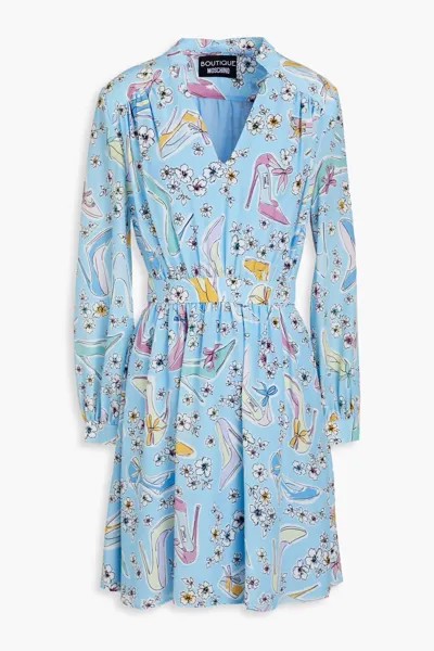 Платье мини из шелкового крепдешина с принтом Boutique Moschino, светло-синий