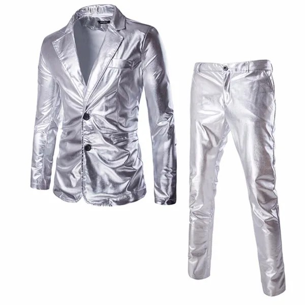 Блестящий металлический блейзер с покрытием 2022 роскошный брендовый костюм из 2 предметов (пиджак + брюки) для ночного клуба серебряный мужск...