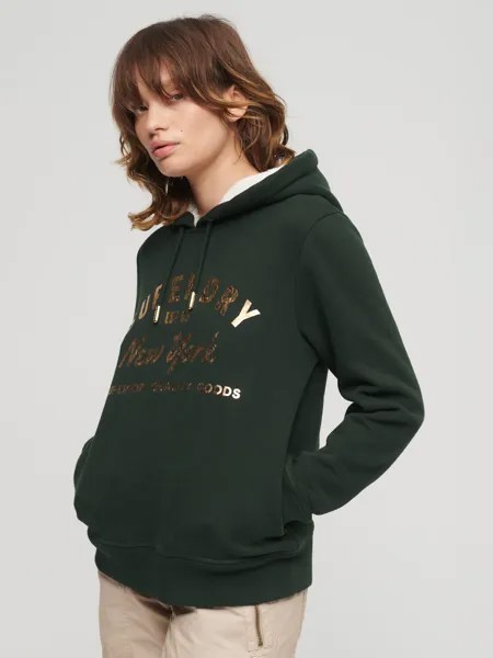 Роскошное худи с металлизированным логотипом Superdry, академия темно-зеленый