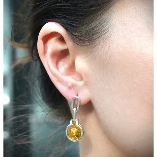 Серьги цепочки, с подвесками Twozi Серьги Сфера, серебро, 925 проба, серебрение, янтарь, размер/диаметр 8 мм, длина 3 см, серебряный, белый