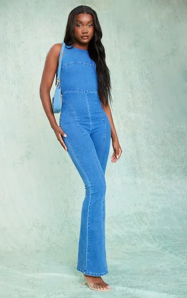 PrettyLittleThing Синий джинсовый комбинезон цвета индиго с открытой спиной
