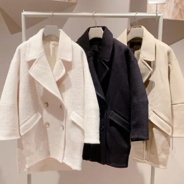 Однотонное пальто с отложным воротником и длинным рукавом, двубортные жакеты с карманами, японская осенне-зимняя куртка для женщин