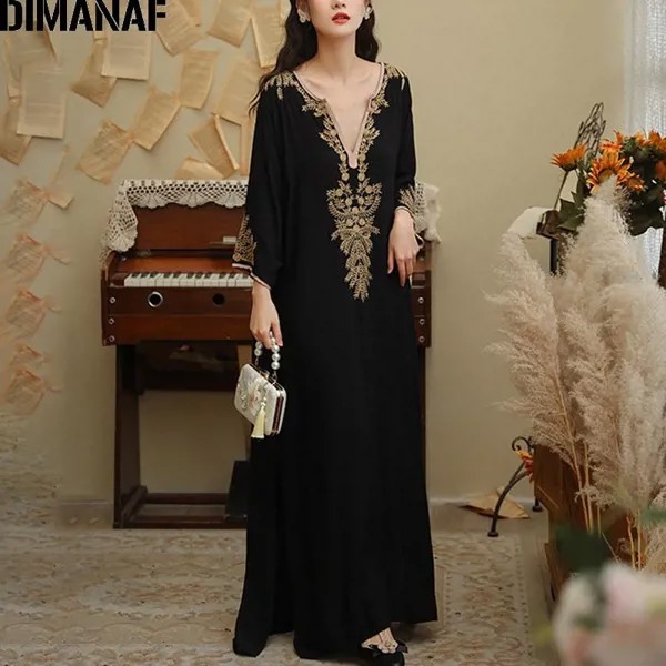 DIMANAF Плюс Размер Летнее платье Женщины Vestidos Богемская вышивка Сарафан Длинное платье Черный хлопок 2021 Свободный элегантный с поясом