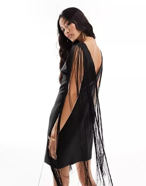 Черное мини-платье с открытой спиной и бахромой River Island