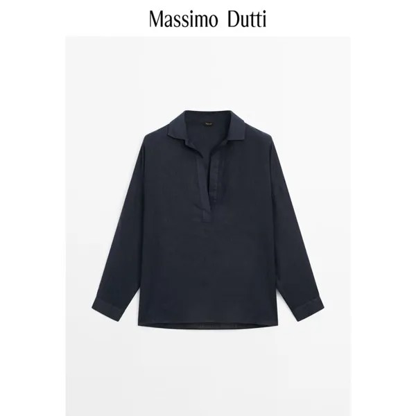 Летняя новинка Massimo Dutti2024, женская рубашка-поло в французском минималистском стиле в элегантном стиле для поездок на работу из легкого и чистого льна с воротником 05128682401, цвет темно-синий