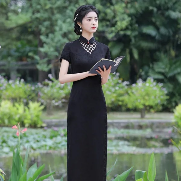 Sheng Coco Черное длинное шелковое китайское восточное платье Улучшение Шанхая женское вечернее современное платье Ципао размера плюс 3XL