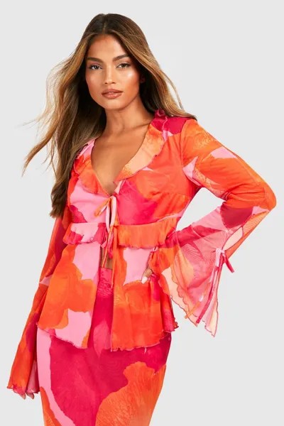 Блузка с абстрактным цветочным рукавом и расклешенными рукавами Boohoo, коралловый