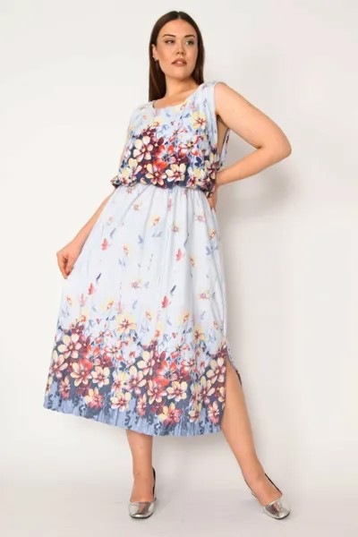 Женское синее платье большого размера с эластичным поясом и узором 65n33217 Şans, разноцветный