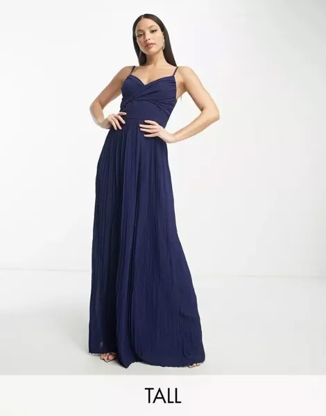 Темно-синее плиссированное платье макси с запахом спереди TFNC Bridesmaid