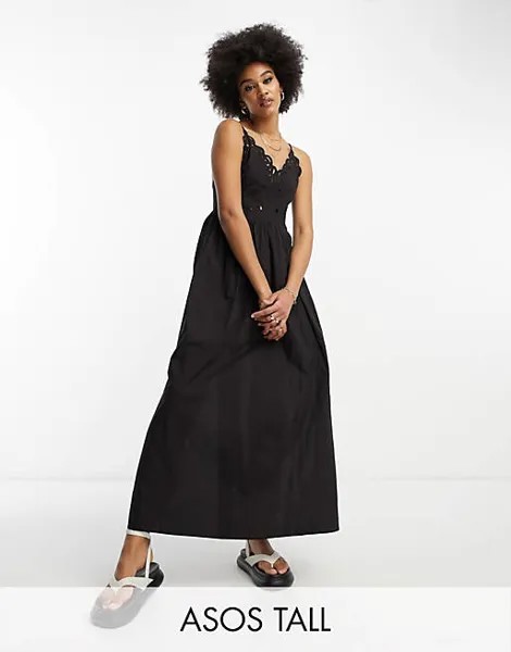 Черный сарафан миди с плиссированной юбкой ASOS DESIGN Tall