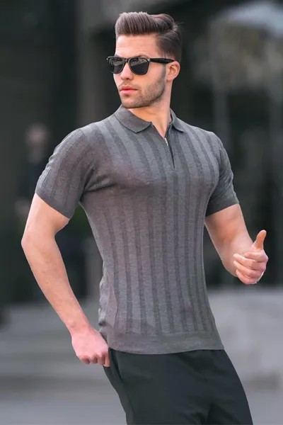 Мужская антрацитовая футболка поло на молнии 6355 MADMEXT