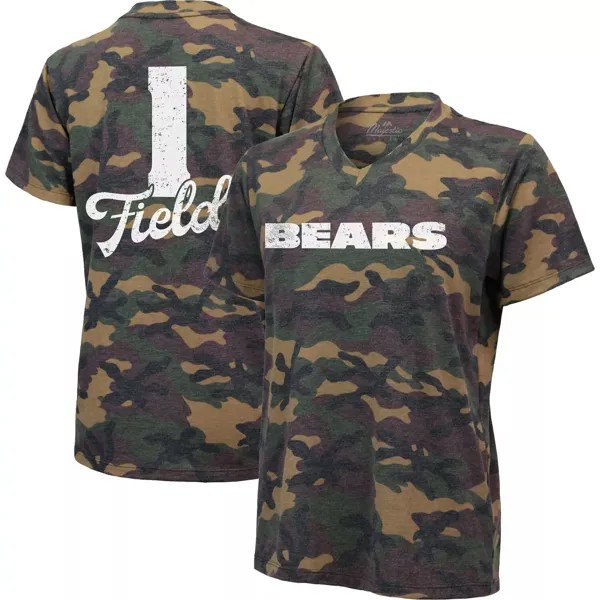 Женская камуфляжная футболка Justin Fields Chicago Bears с именем и номером и v-образным вырезом