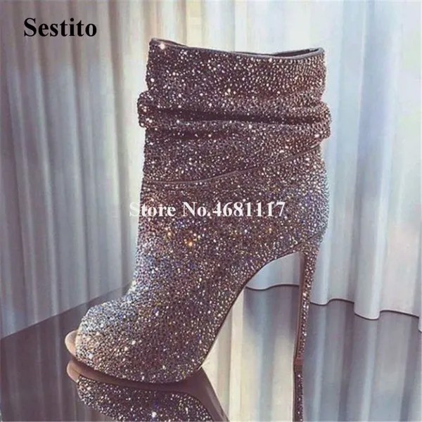 Женские полусапожки на высоком каблуке Bling Стразы, роскошные полусапожки с открытым носком, на тонком каблуке, без застежки, золотые, серебряные, черные, со стразами