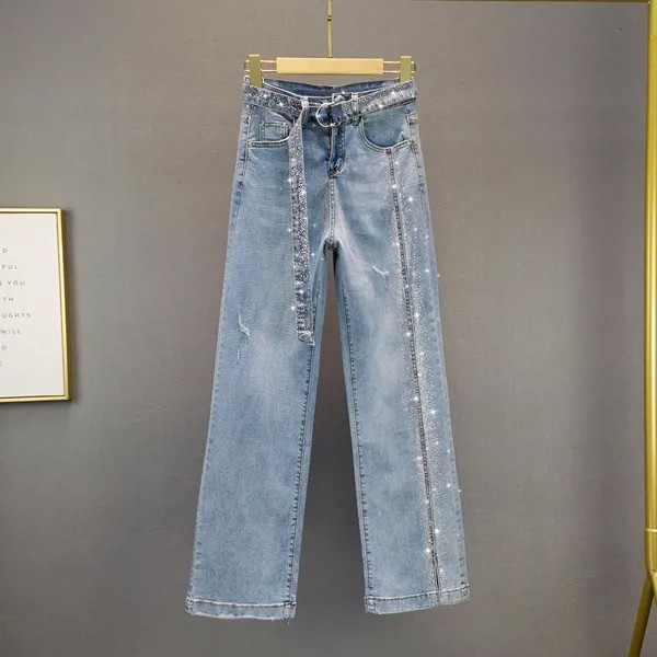 Блестящие женские джинсы с бисером, Осень-зима 2021, высокая талия, широкие, длиной до щиколотки, Женская свободная одежда, высокое качество