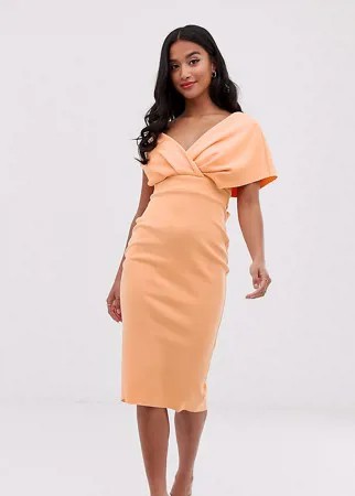Платье-футляр миди с открытыми плечами и поясом ASOS DESIGN Petite-Оранжевый цвет