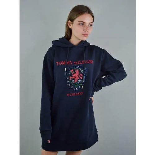 Платье-толстовка TOMMY HILFIGER, в спортивном стиле, прямой силуэт, капюшон, размер L, синий