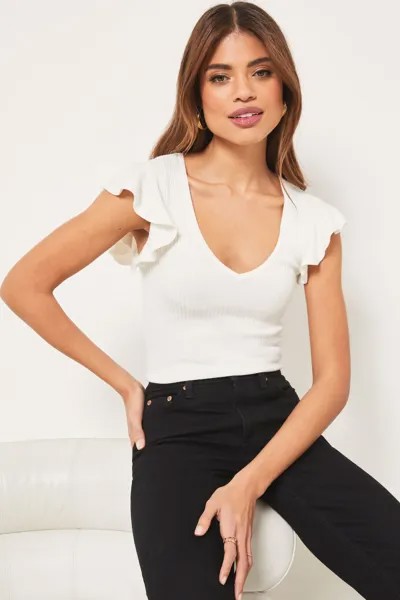 Трикотажная блузка с V-образным вырезом и расклешенными рукавами Lipsy, белый