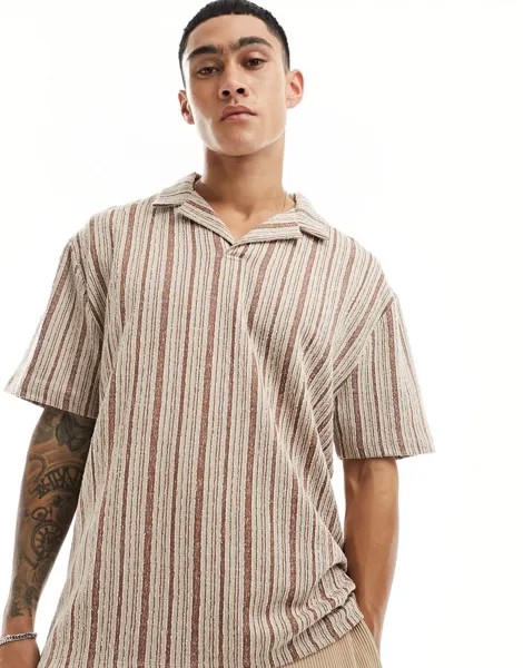 Свободная футболка-поло в коричневую полоску ASOS DESIGN Revere