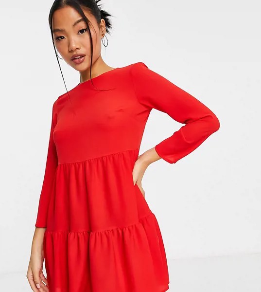Красное свободное ярусное платье мини с длинными рукавами ASOS DESIGN Petite-Красный