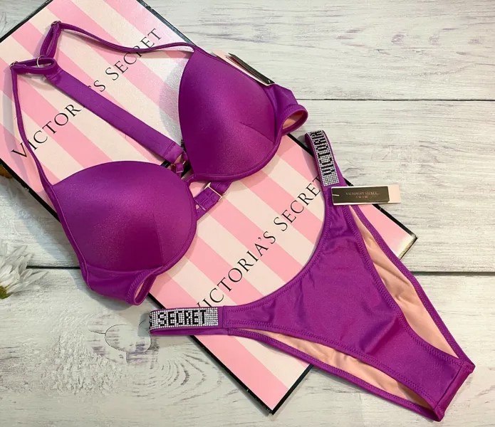 Victoria Secret Shine Strap Fabulous Push Up Top Бразильский комплект для плавания, Belflower