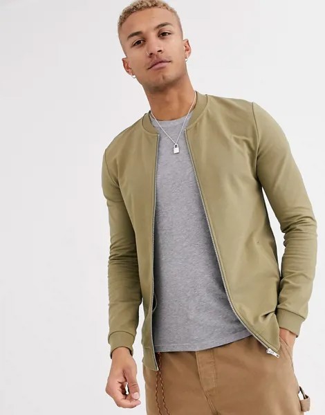 Трикотажный бомбер хаки с серебристыми молниями по бокам ASOS DESIGN-Зеленый