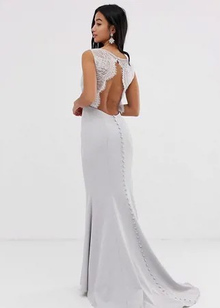 Серое кружевное платье макси с открытой спиной Jarlo Petite-Серебряный