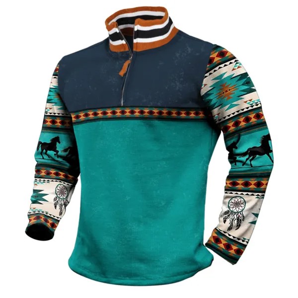 Мужской уличный повседневный пуловер на молнии в этническом стиле в стиле ретро с контрастным принтом и воротником-стойкой