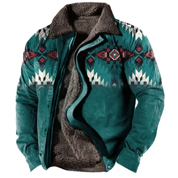 Мужская винтажная теплая толстая куртка с этническим геометрическим рисунком плюс флисовая теплая толстая куртка