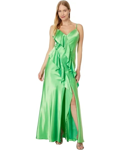 Платье Betsy & Adam Long Charmous Spaghetti Ruffle Front, зеленый