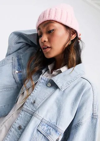 Розовая пушистая шапка-бини в широкий рубчик ASOS DESIGN-Розовый цвет