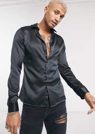 Черная атласная рубашка стандартного кроя ASOS DESIGN-Черный цвет