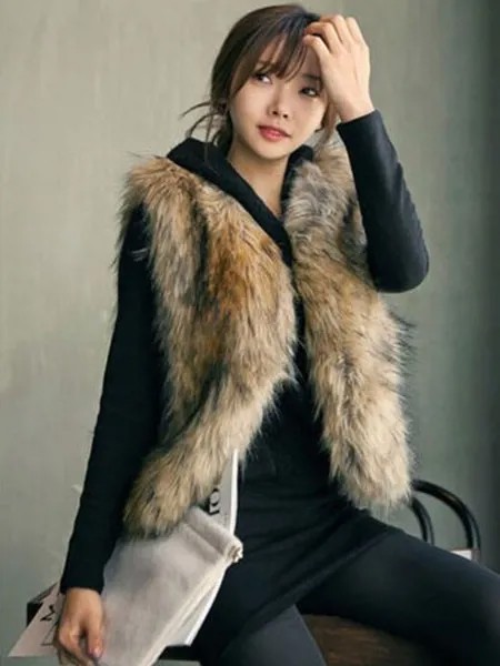 Milanoo Faux Fur Vest Women Camel Coat Sleeveless Faux Fur Jacket