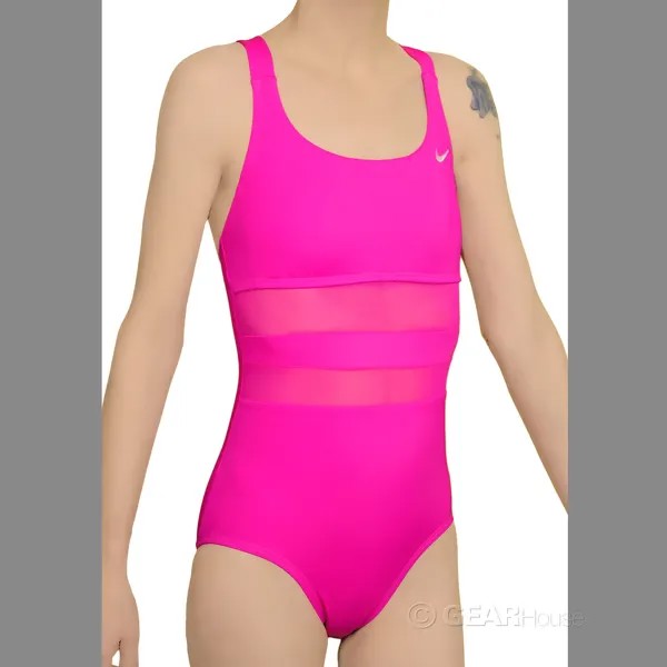 Женский цельный купальник Nike с V-образным вырезом и сеткой Solid Edge, розовый, ВЫБОР РАЗМЕРА