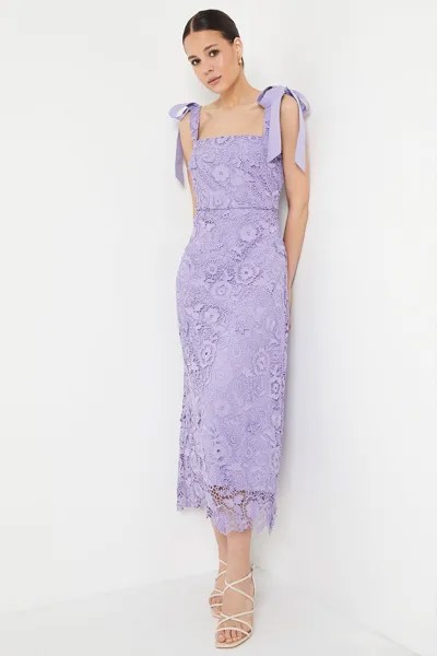 Платье миди с квадратным вырезом и кружевной завязкой на плечах Dorothy Perkins, фиолетовый