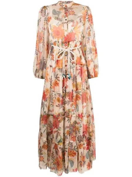 ZIMMERMANN шелковое платье миди Ginger с цветочным принтом, нейтральный цвет