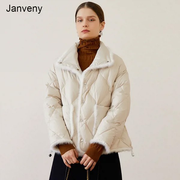 Женский зимний пуховик Janveny, новинка 2021, пальто на белом утином пуху 90%, короткие женские пуховики с перьями, парки, верхняя одежда с норковым ...