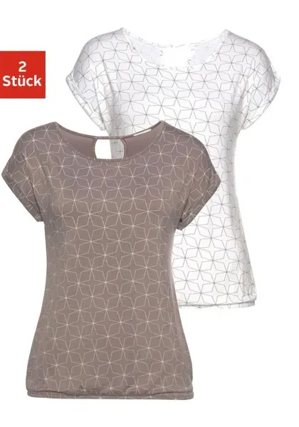 Футболка LASCANA с небольшим вырезом на шее, цвет Taupe, Weiß
